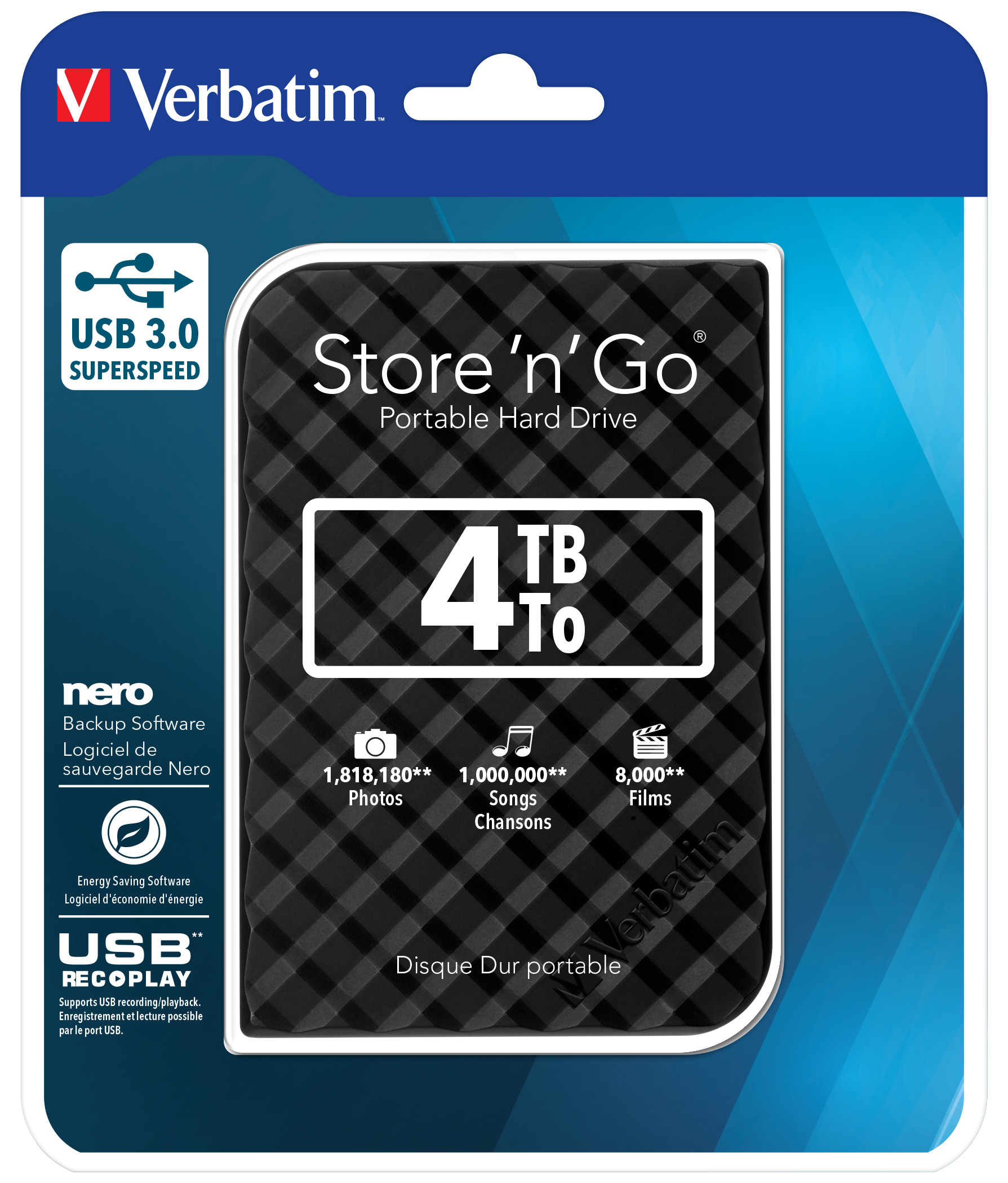 Verbatim Disque dur portable USB Store 'n' Go 3.0, 4 To, noir