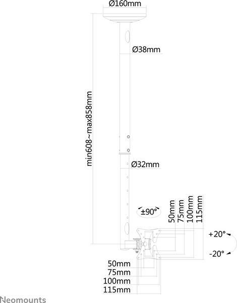 NEOMOUNTS FPMA-C050BLACK Support de plafond pour écran de 10-30p - h 60-85 cm