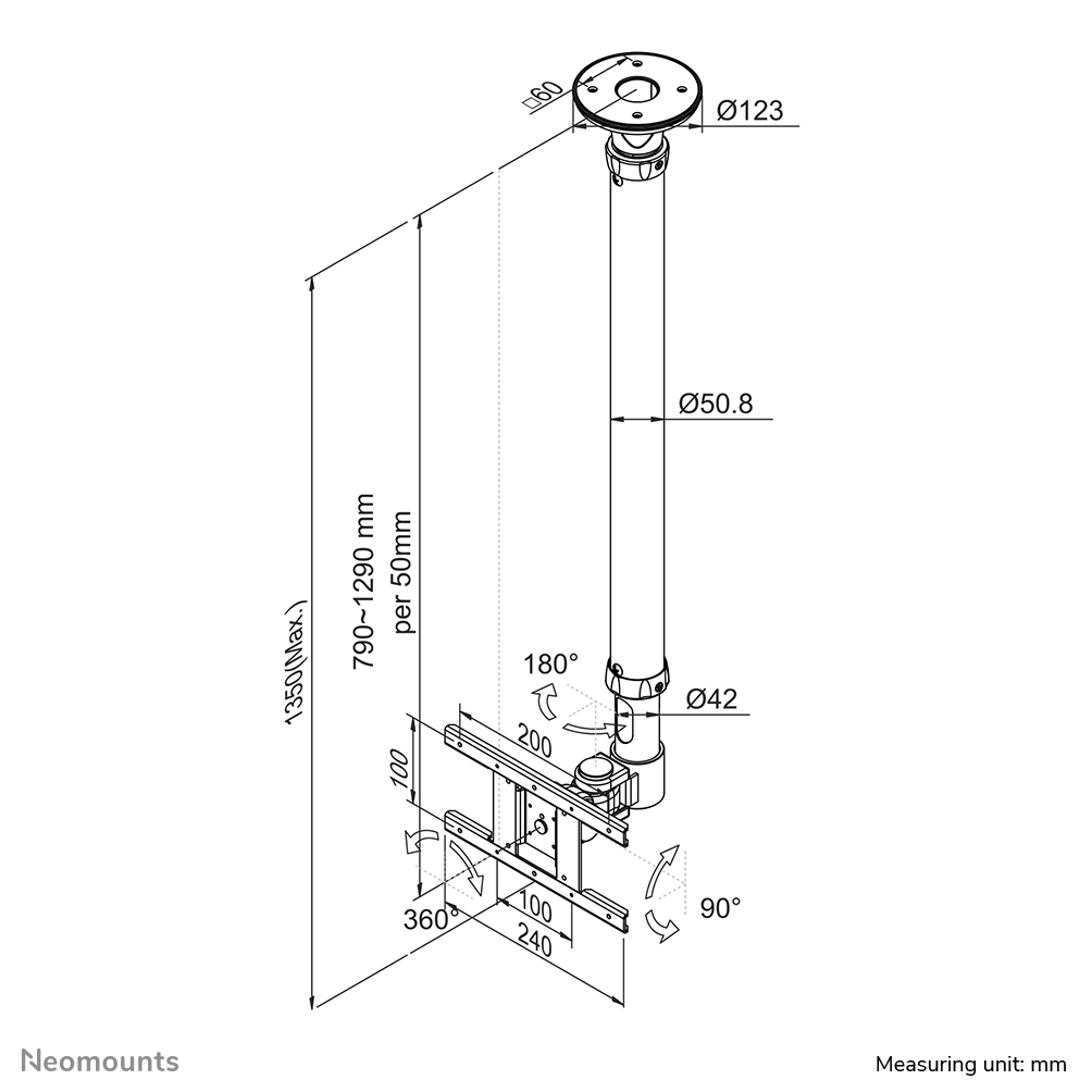 NEOMOUNTS FPMA-C100SILVER Support de plafond pour écran de 10-30p - h 79-129 cm