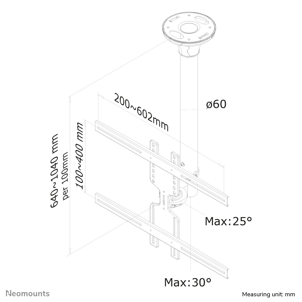 NEOMOUNTS FPMA-C400BLACK Support de plafond pour écran de 32-60p - h 64-104 cm