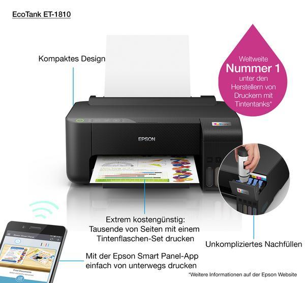 EPSON EcoTank ET-1810 Printer colour ink-jet refillable A4 5760x1440dpi 10ppm mono/5ppm colour 100 sheets USB Wi-Fi black