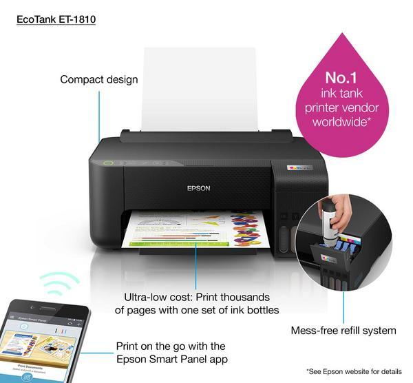 EPSON EcoTank ET-1810 Printer colour ink-jet refillable A4 5760x1440dpi 10ppm mono/5ppm colour 100 sheets USB Wi-Fi black