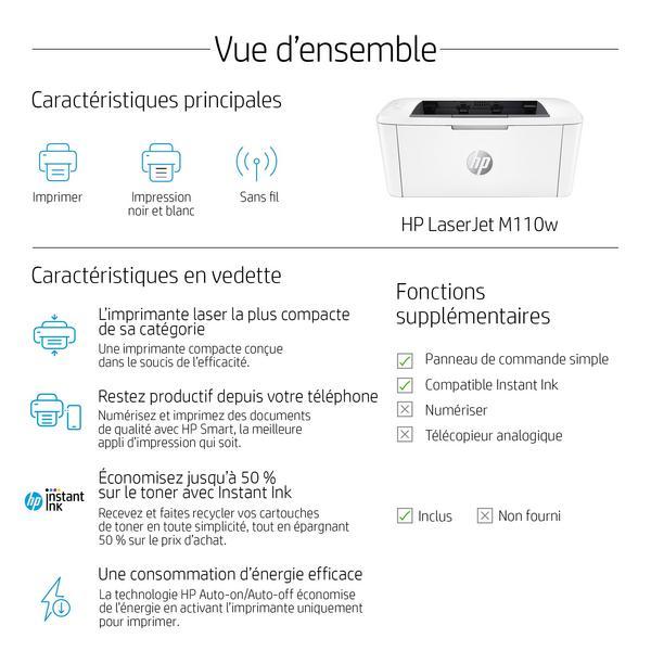 HP LaserJet M110w Printer Mono B/W laser A4/Letter 600x600dpi 20ppm capacity 150 sheets USB 2.0 Wi-Fi Bluetooth LE