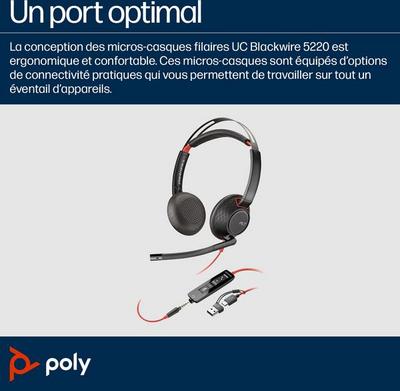 HP Poly Micro-casque stéréo USB-C Poly Blackwire 5220 + prise 3,5 mm + adaptateur USB-C/A (lot)