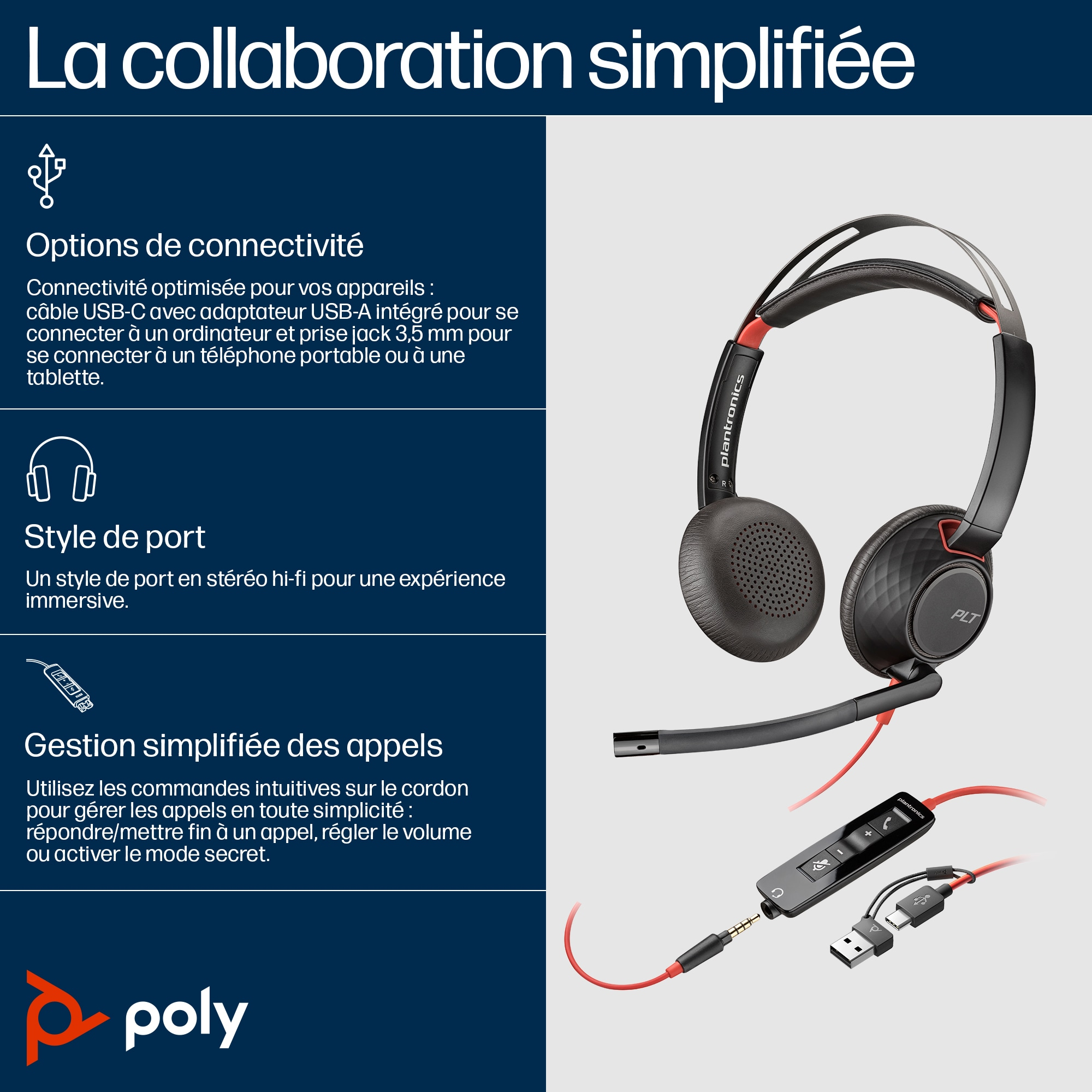 HP Poly Blackwire 5220 Stereo USB-C Headset +3.5mm Plug +USB-C/A Adapter Bulk