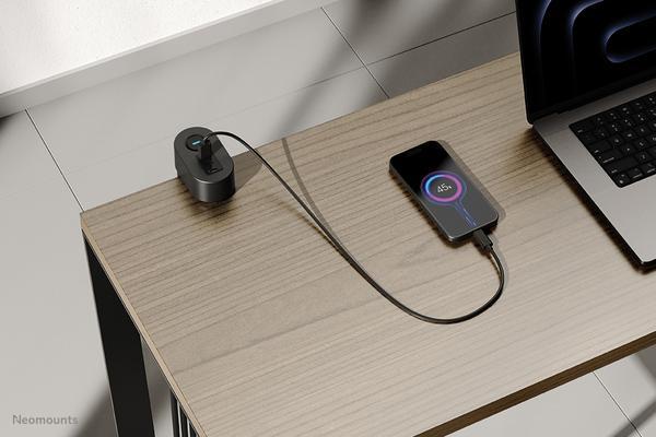 NEOMOUNTS VOLT Desk Clamp socket with Quick-charge USB Ports clamp 0-50mm 3x type-F 230V 1x USB-A 18W 2x USB-C 20W