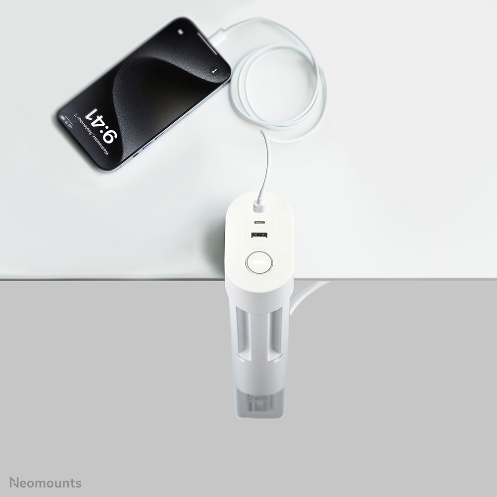 NEOMOUNTS VOLT Desk Clamp socket with Quick-charge USB Ports clamp 0-50mm 3x type-F 230V 1x USB-A 18W 2x USB-C 20W