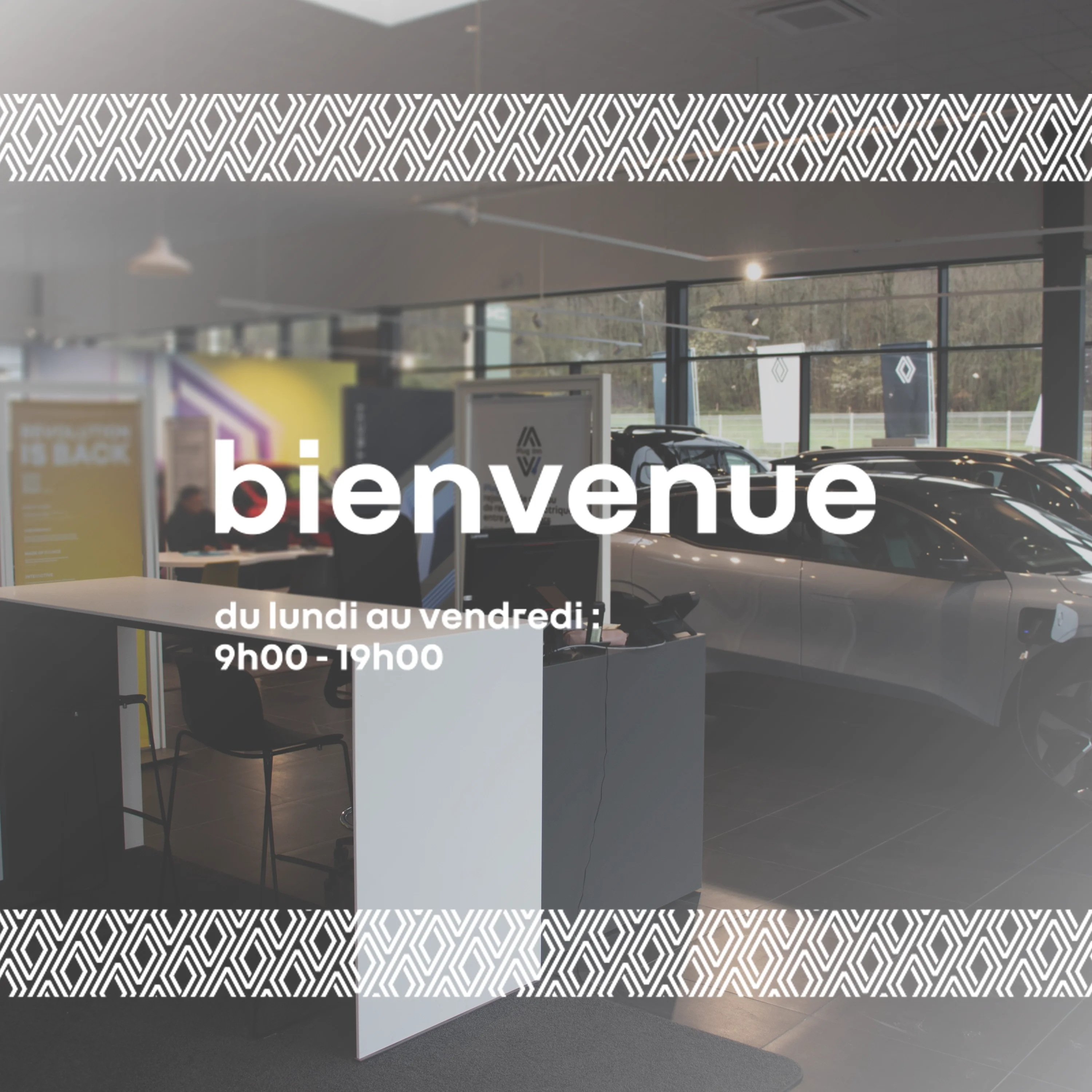 ADHESIF HORAIRES RENAULT (TEXTE + BANDES HORIZONTALES 220 CM)