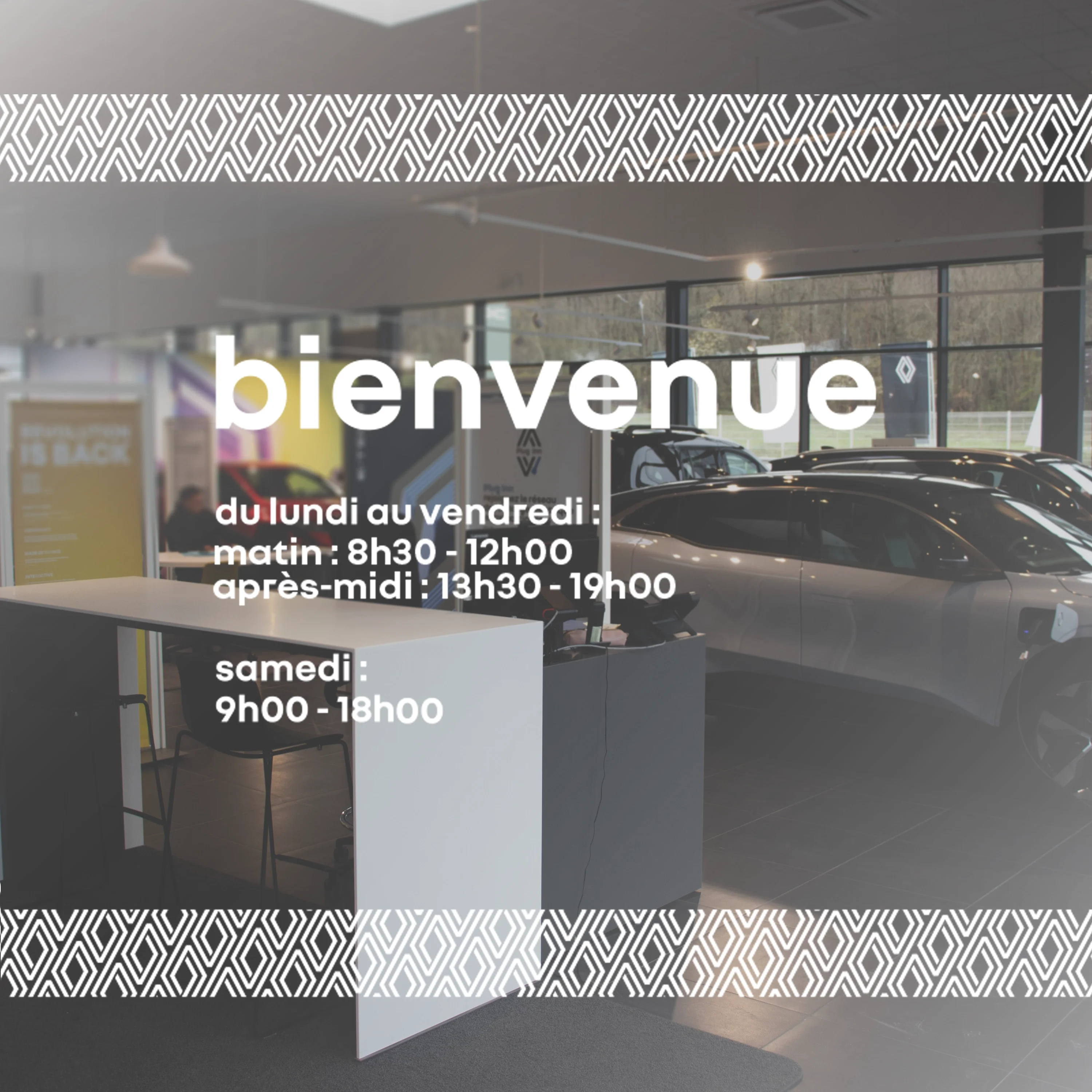 ADHESIF HORAIRES RENAULT (TEXTE + BANDES HORIZONTALES 220 CM)