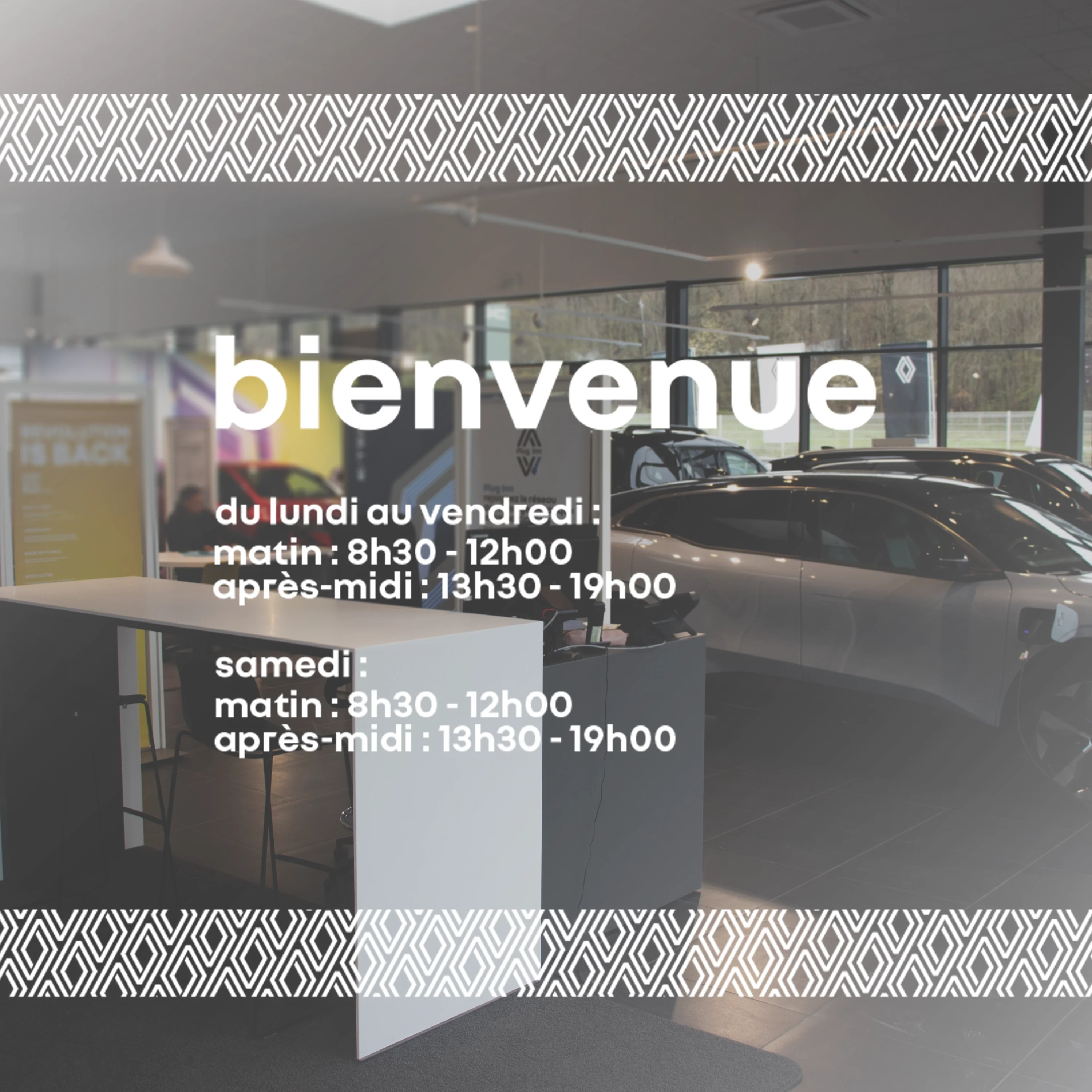 ADHESIF HORAIRES RENAULT (TEXTE + BANDES HORIZONTALES 220 CM)