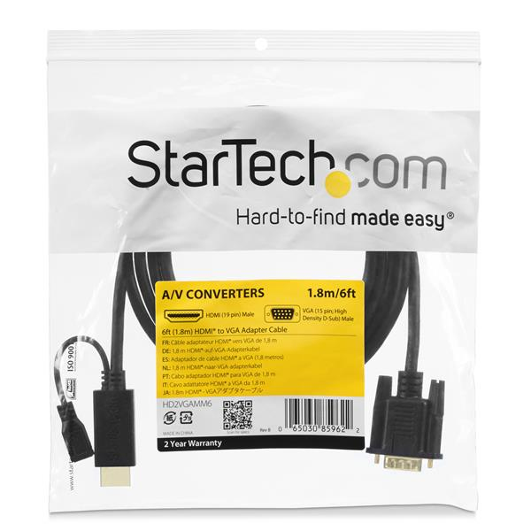 StarTech.com Câble adaptateur HDMI vers VGA de 1,8m - Convertisseur actif HDMI vers VGA HD15 - M/M - 1920x1200 / 1080p - Noir - Câble adaptateur - HDMI, Micro-USB de type B (alimentation uniquement) pour HD-15 (VGA) mâle - 2 m - noir - actif, support 1920