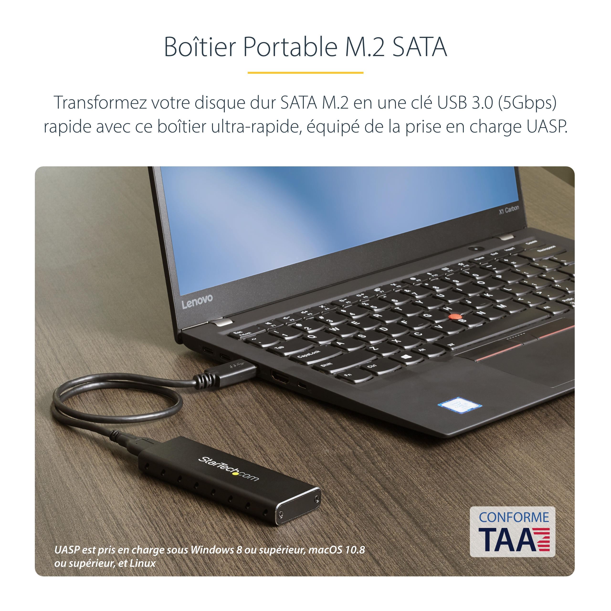 StarTech.com Boîtier USB 3.0 externe pour SSD SATA M.2 NGFF avec UASP - Boîtier SSD portable USB 3.0 vers SATA III M.2 - Boitier externe - M.2 - SATA 6Gb/s - USB 3.0 - noir