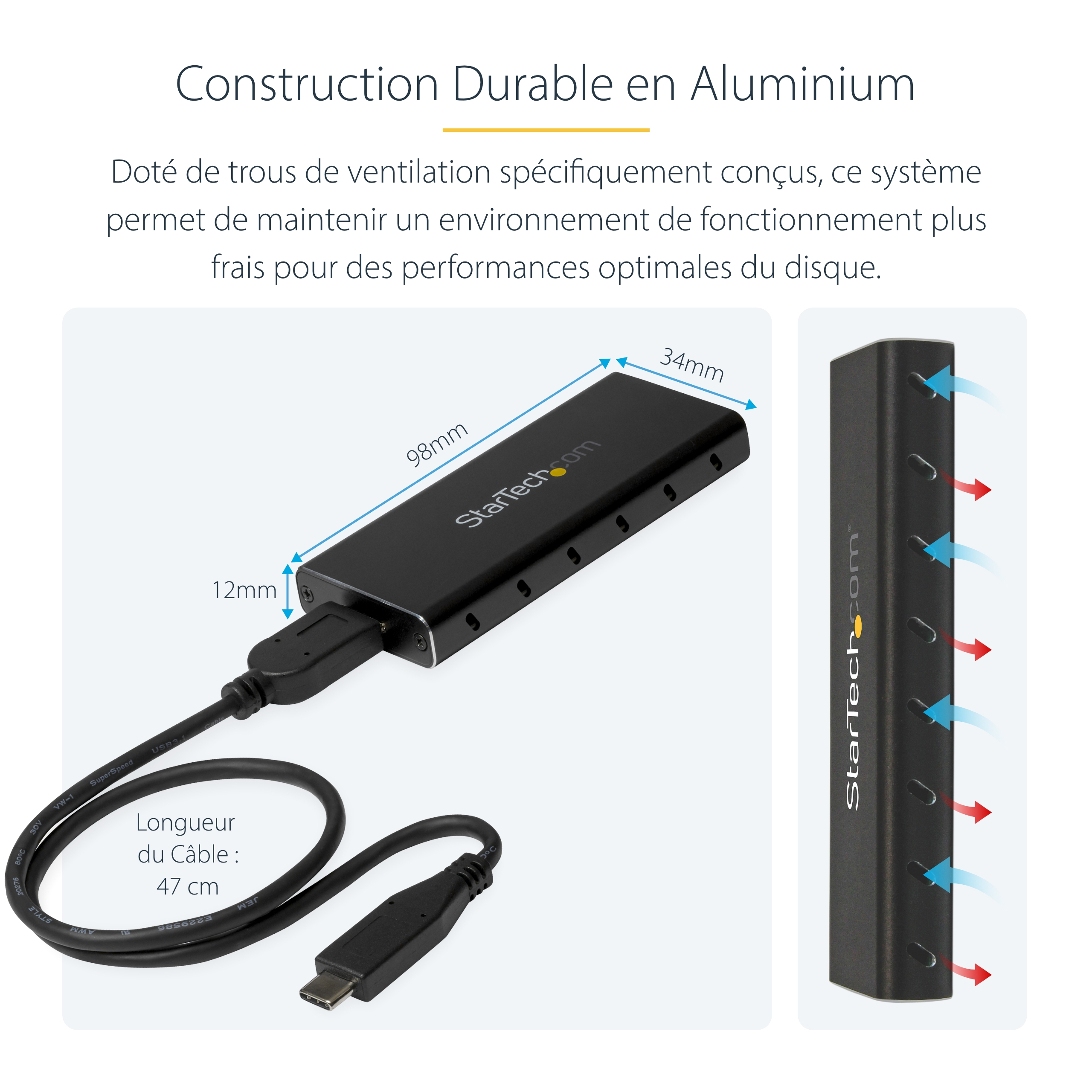 StarTech.com Boîtier disque dur - USB 3.1 (10 Gb/s) - Pour SSD SATA M.2 NGFF - Boîtier SSD M.2 avec câble USB-C - Aluminium - Boitier externe - M.2 - SATA 6Gb/s - USB 3.1 (Gen 2) - noir, argent - pour P/N: TBLT3MM1MA, TBLT3MM2M, TBLT3MM2MA