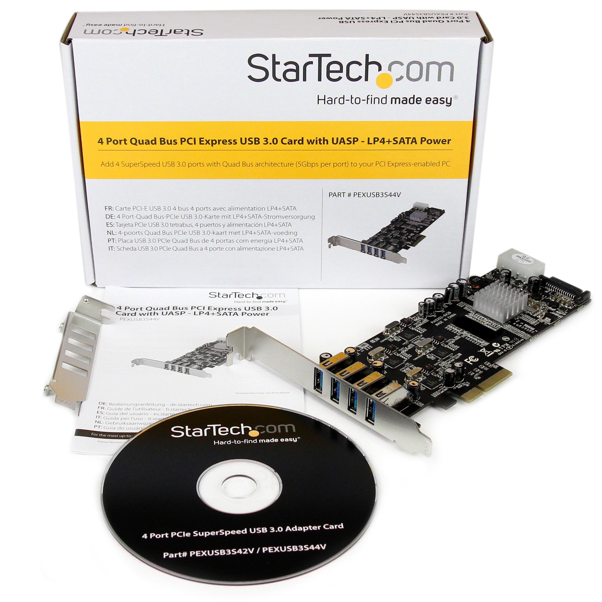 StarTech.com Carte contrôleur PCI Express à 4 ports USB 3.0 avec 4 voies dédiées de 5 Gb/s, UASP et alimentation SATA / LP4 - Adaptateur USB - PCIe x4 - USB 3.0 x 4 - pour P/N: BNDTB10GI, BNDTB210GSFP, BNDTB310GNDP, BNDTB410GSFP, BNDTB4M2E1, BNDTBUSB3142