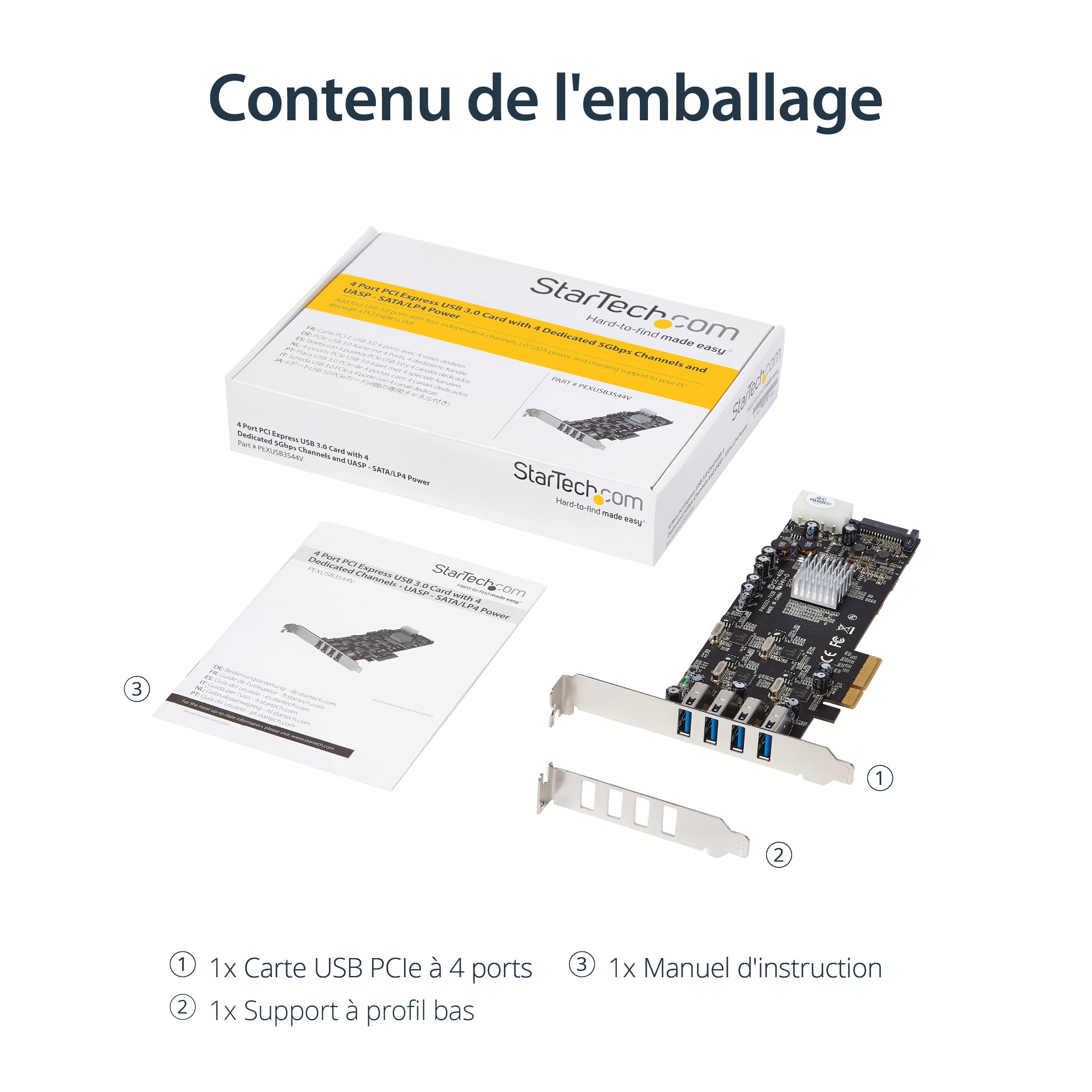 StarTech.com Carte contrôleur PCI Express à 4 ports USB 3.0 avec 4 voies dédiées de 5 Gb/s, UASP et alimentation SATA / LP4 - Adaptateur USB - PCIe x4 - USB 3.0 x 4 - pour P/N: BNDTB10GI, BNDTB210GSFP, BNDTB310GNDP, BNDTB410GSFP, BNDTB4M2E1, BNDTBUSB3142