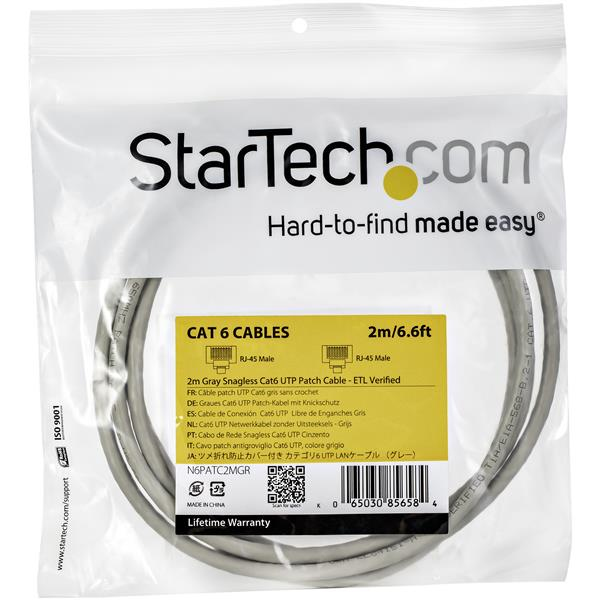 StarTech.com Câble réseau Cat6 Gigabit UTP sans crochet de 2m - Cordon Ethernet RJ45 anti-accroc - Câble patch Mâle / Mâle - Gris - Cordon de raccordement - RJ-45 (M) pour RJ-45 (M) - 2 m - UTP - CAT 6 - sans crochet - gris
