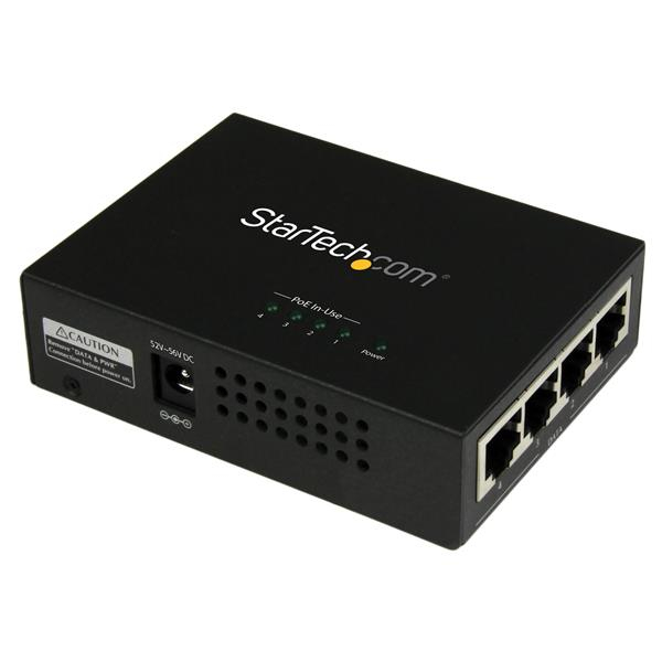 StarTech.com Injecteur PoE+ à 4 ports Gigabit - Midspan Power over Ethernet à fixation murale - 802.3at/af - Injecteur de puissance - CA 100-240 V - 120 Watt - connecteurs de sortie : 4 - noir - pour P/N: POEEXT1GAT, POEEXT2GAT, ST12MHDLANU