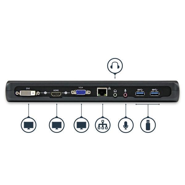 StarTech.com Station d'accueil USB 3.0 universelle double affichage pour PC portable - HDMI et DVI / VGA avec GbE et audio (USB3SDOCKHDV) - Station d'accueil - USB - VGA, HDMI - 10Mb LAN - pour P/N: ARMBARDUO, ARMBARDUOV, ARMDUAL, ARMDUAL30, ARMDUALV, ARM
