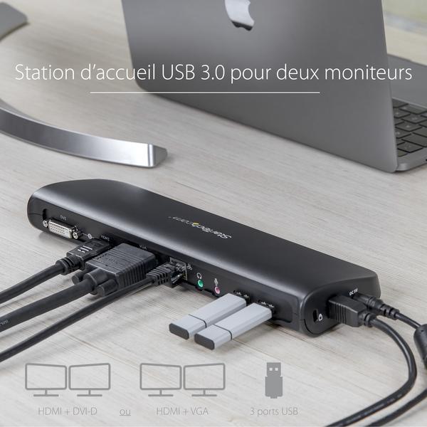StarTech.com Station d'accueil USB 3.0 universelle double affichage pour PC portable - HDMI et DVI / VGA avec GbE et audio (USB3SDOCKHDV) - Station d'accueil - USB - VGA, HDMI - 10Mb LAN - pour P/N: ARMBARDUO, ARMBARDUOV, ARMDUAL, ARMDUAL30, ARMDUALV, ARM