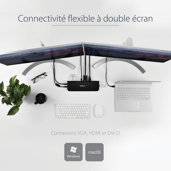 StarTech.com Station d'accueil USB 3.0 universelle double affichage pour PC portable - HDMI et DVI / VGA avec GbE et audio (USB3SDOCKHDV) - Station d'accueil - USB - VGA, HDMI - 10Mb LAN - pour P/N: ARMBARDUO, ARMBARDUOV, ARMDUAL, ARMDUAL30, ARMDUALV, ARM