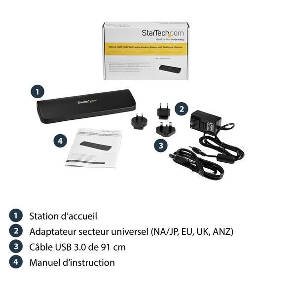 StarTech.com Station d'accueil USB 3.0 universelle double affichage pour PC portable - HDMI et DVI / VGA avec GbE et audio (USB3SDOCKHDV) - Station d'accueil - USB - VGA, HDMI - 10Mb LAN - pour P/N: ARMBARDUO, ARMBARDUOV, ARMDUAL, ARMDUAL30, ARMDUALV, ARM