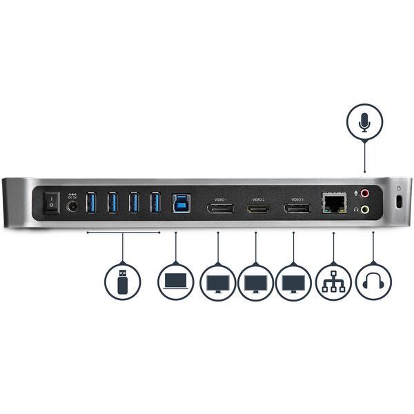StarTech.com Station d'accueil USB 3.0 triple affichage PC portable - Réplicateur de ports USB 3.0 universel avec 3 sorties vidéo - 4K - Station d'accueil - USB - 1GbE - pour P/N: ARMBARTRIO2, ARMTRIO, LTLOCK