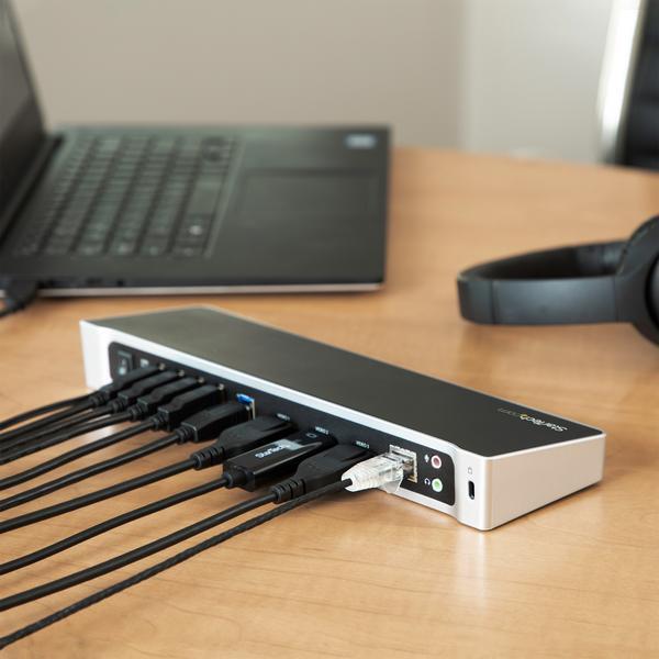 StarTech.com Station d'accueil USB 3.0 triple affichage PC portable - Réplicateur de ports USB 3.0 universel avec 3 sorties vidéo - 4K - Station d'accueil - USB - 1GbE - pour P/N: ARMBARTRIO2, ARMTRIO, LTLOCK