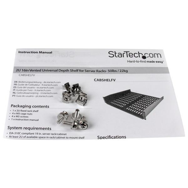 StarTech.com Étagère 16" 2U cantilever ventilée universelle pour rack de server 19" - Noir (CABSHELFV) - Étagère pour rack - noir - 2U - 19" - pour P/N: RK12OD2, RK2537BKM, RK3236BKF, RK4236BKB, RK4242BK24, RK4242BK30, RKQMCAB12V2