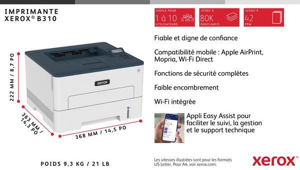 Xerox B310 - Imprimante - Noir et blanc - Recto-verso - laser - A4/Legal - 600 x 600 ppp - jusqu'à 40 ppm - capacité : 350 feuilles - USB 2.0, LAN, Wi-Fi(n) - programme de retours Green World Alliance