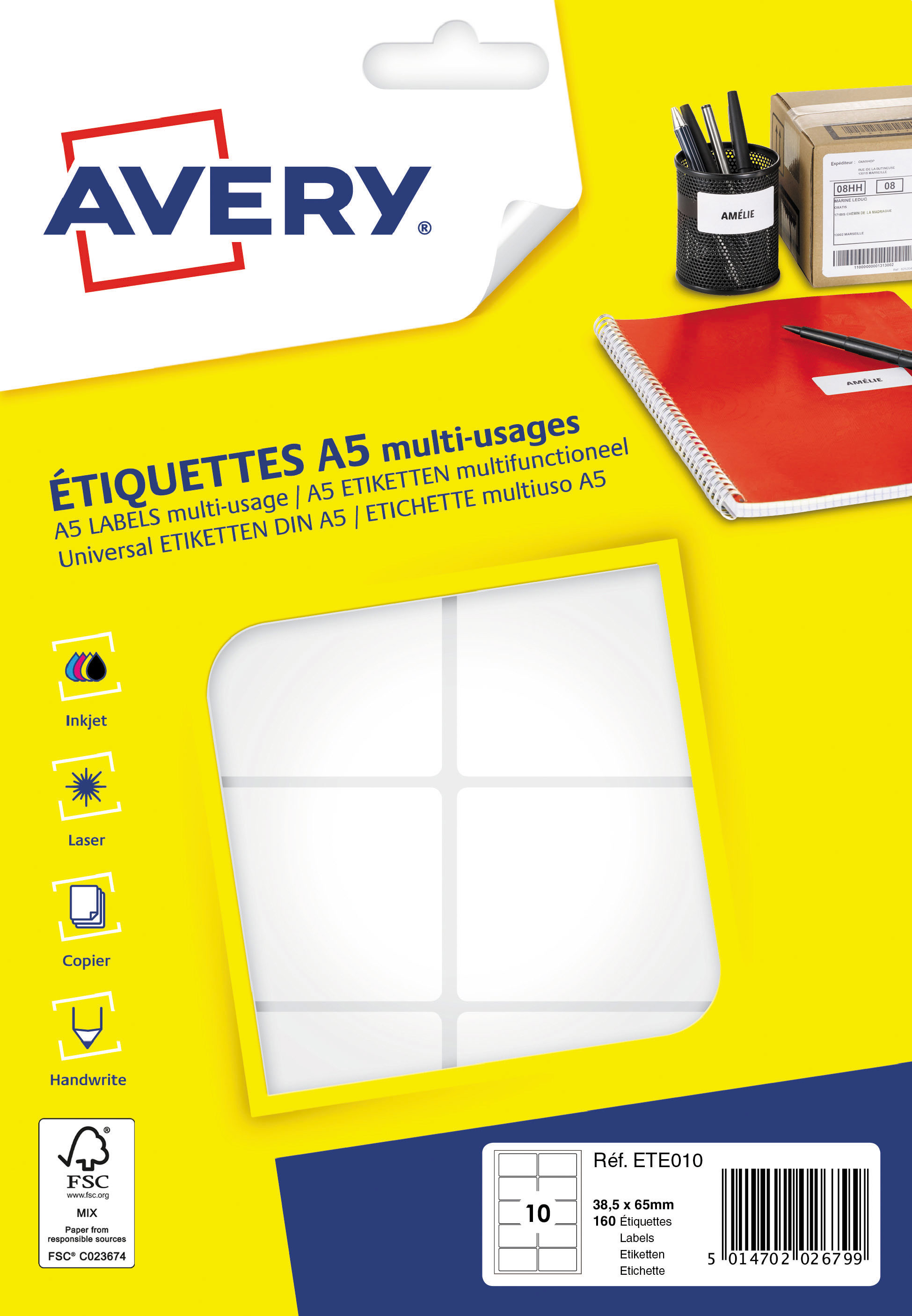 1 160 étiquettes multi, usages AVERY 38,5x65 mm, blanc
