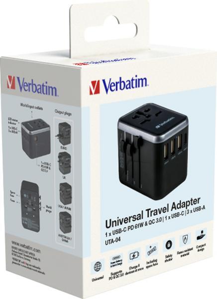 Verbatim UTA-04 - Adaptateur secteur - universel - 61 Watt - 3 A - QC 3.0, PD 3.0 - 5 connecteurs de sortie (2 x USB-C, 3 x USB Type A)