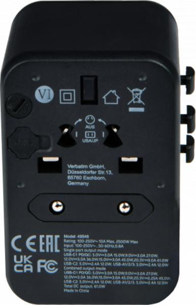 Verbatim UTA-04 - Adaptateur secteur - universel - 61 Watt - 3 A - QC 3.0, PD 3.0 - 5 connecteurs de sortie (2 x USB-C, 3 x USB Type A)
