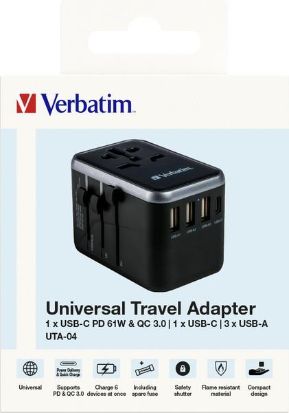 Verbatim UTA-04 - Adaptateur secteur - universel - 61 Watt - 3 A - QC 3.0, PD 3.0 - 5 connecteurs de sortie (2 x USB-C, 3 x USB Type A)