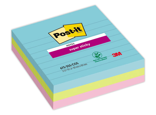 1 Lot de 3 Blocs Notes repositionnables Super Sticky 10,1x10,1cm, lignés 90 f.