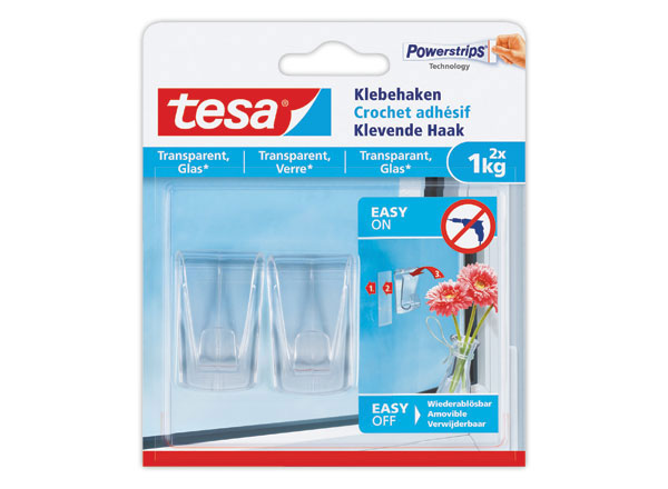 1 Blister de 2 Crochets adhésifs pour verre et surfaces transparentes 1Kg - TESA
