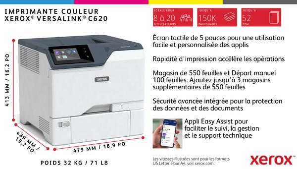 Xerox VersaLink C620V_DN - Imprimante - couleur - Recto-verso - laser - A4/Legal - 1200 x 1200 ppp - jusqu'à 50 ppm (mono) / jusqu'à 50 ppm (couleur) - capacité : 650 feuilles - Gigabit LAN, USB 2.0, NFC, hôte USB - programme de retours Green World Allian