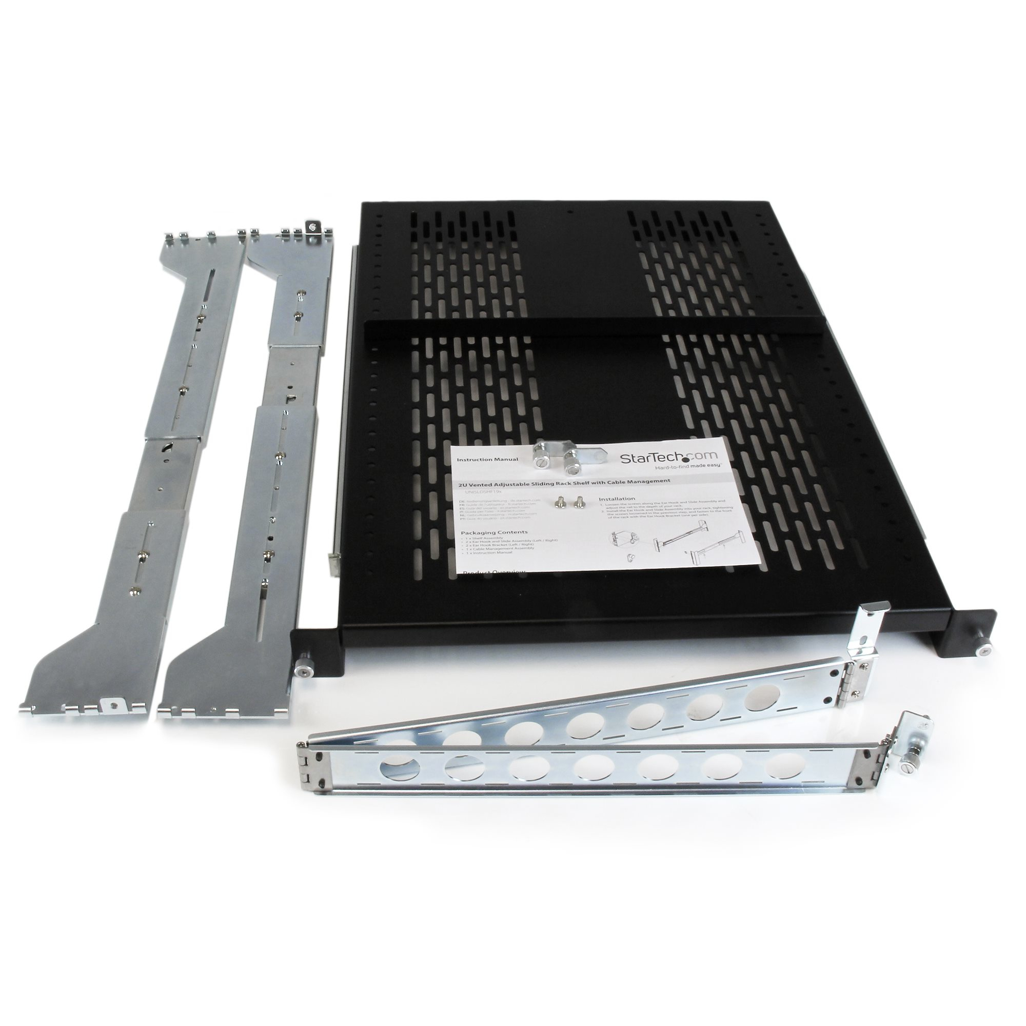 StarTech.com Étagère coulissante ventilée 2U pour rack de serveur avec bras de gestion de câbles  - Profondeur ajustable - 56,7kg - Étagère pour rack - noir - 2U - pour P/N: RK1233BKM, RK2433BKM, RK2537BKM, RK3236BKF, RK4236BKB, RK4242BK24, RK4242BK30