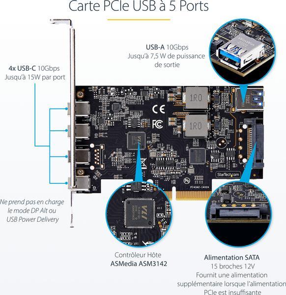 StarTech.com Carte PCIe USB à 5 Ports, USB 3.2 10Gbps, 4x USB-C/1x USB-A - Adaptateur USB - PCIe 3.0 x4 - USB-C 3.2 Gen 1 x 4 + USB 3.2 Gen 1 x 1 - noir
