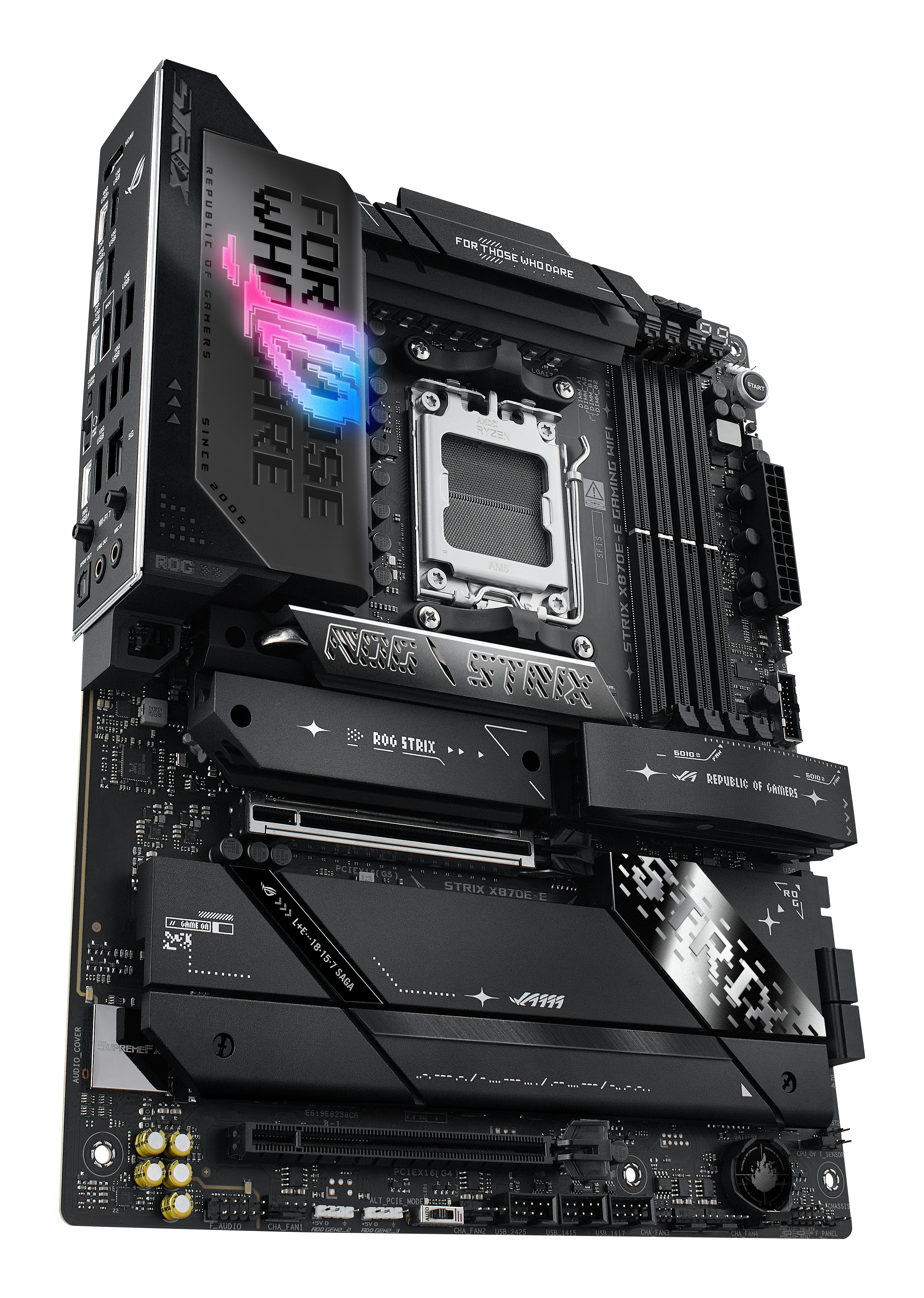 ASUS ROG STRIX X870E-E GAMING WIFI - Carte-mère - ATX - Socket AM5 - AMD X870E Chipset - USB4, USB-C 3.2 Gen 2x2, USB-C 3.2 Gen2, USB 3.2 Gen 2, USB 3.2 Gen 1 - Wi-Fi 7, 5 Gigabit Ethernet, Bluetooth - carte graphique embarquée (unité centrale requise) -