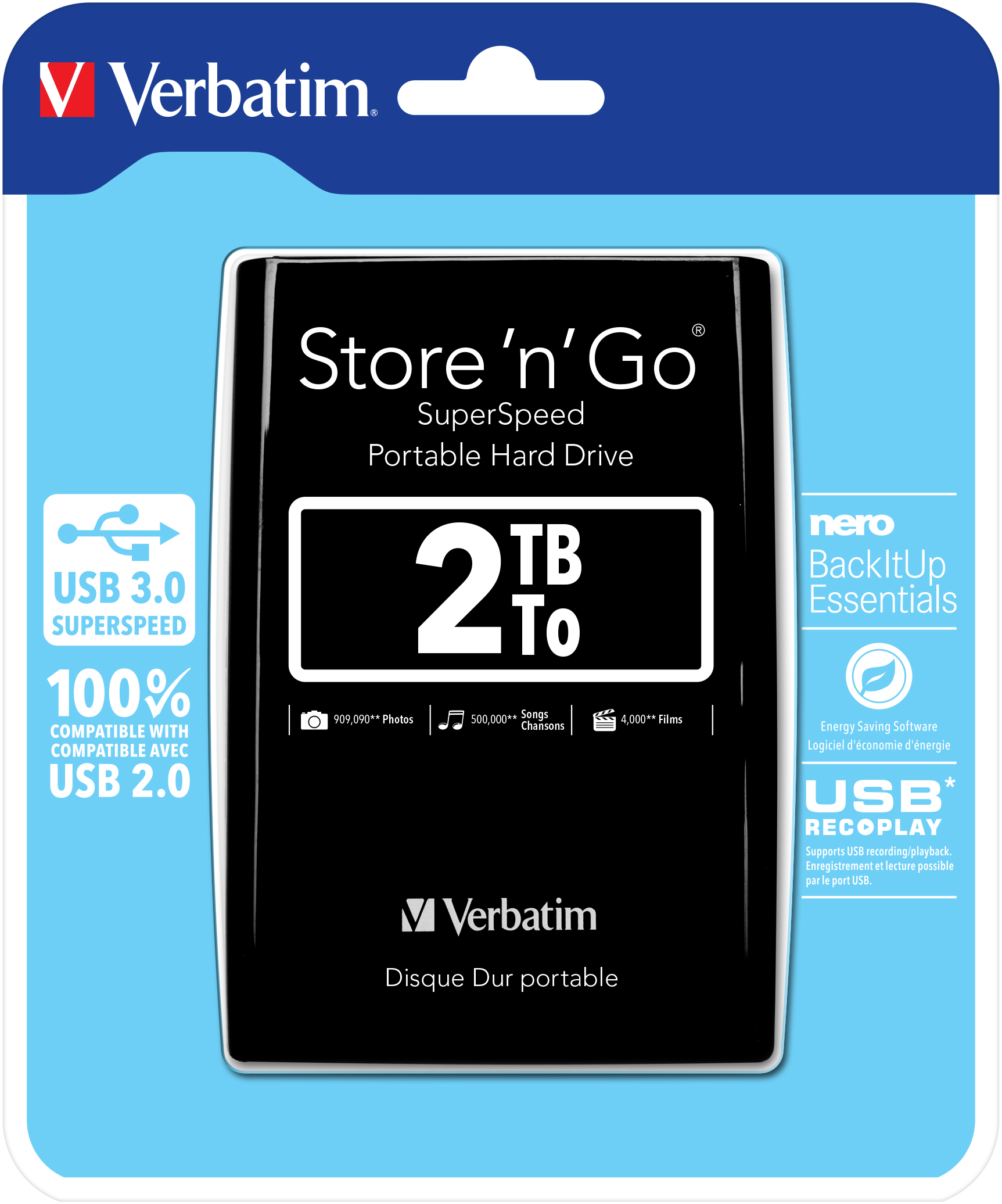 Verbatim Store 'n' Go Portable - Disque dur - 2 To - externe (portable) - USB 3.0 - 5400 tours/min - noir