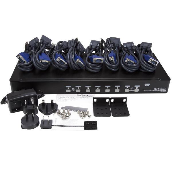 StarTech.com 8 Port 1U Rackmount USB KVM Switch Kit with OSD and Cables - Rack mount KVM - VGA KVM Switch - 8 Port KVM Switch (SV831DUSBUK) - Commutateur KVM - 8 x KVM port(s) - 1 utilisateur local - Montable sur rack - pour P/N: RK12OD2, RK3236BKF, RK423