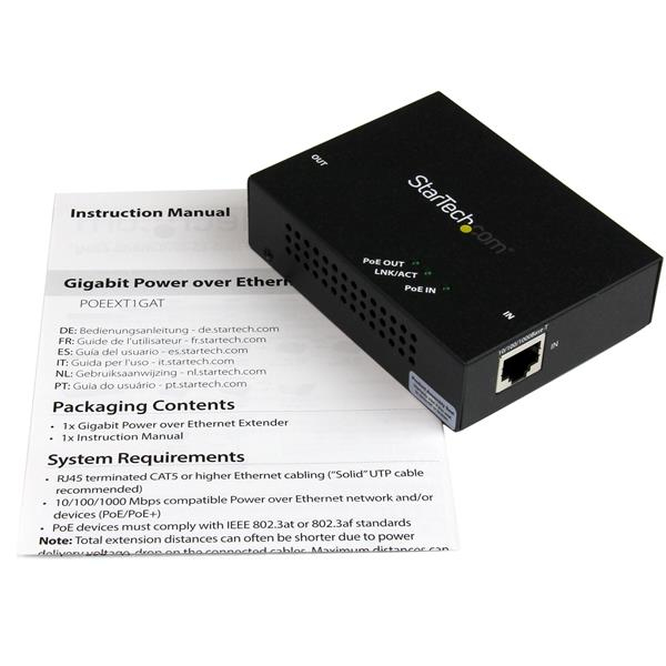 StarTech.com Répéteur Gigabit PoE+ à 1 port - Extendeur réseau Power over Ethernet 802.3at et 802.3af - Gigabit PoE extender - 100 m - Relais - 1GbE - 10Base-T, 100Base-TX, 1000Base-T - jusqu'à 100 m - pour P/N: ST12MHDLANU