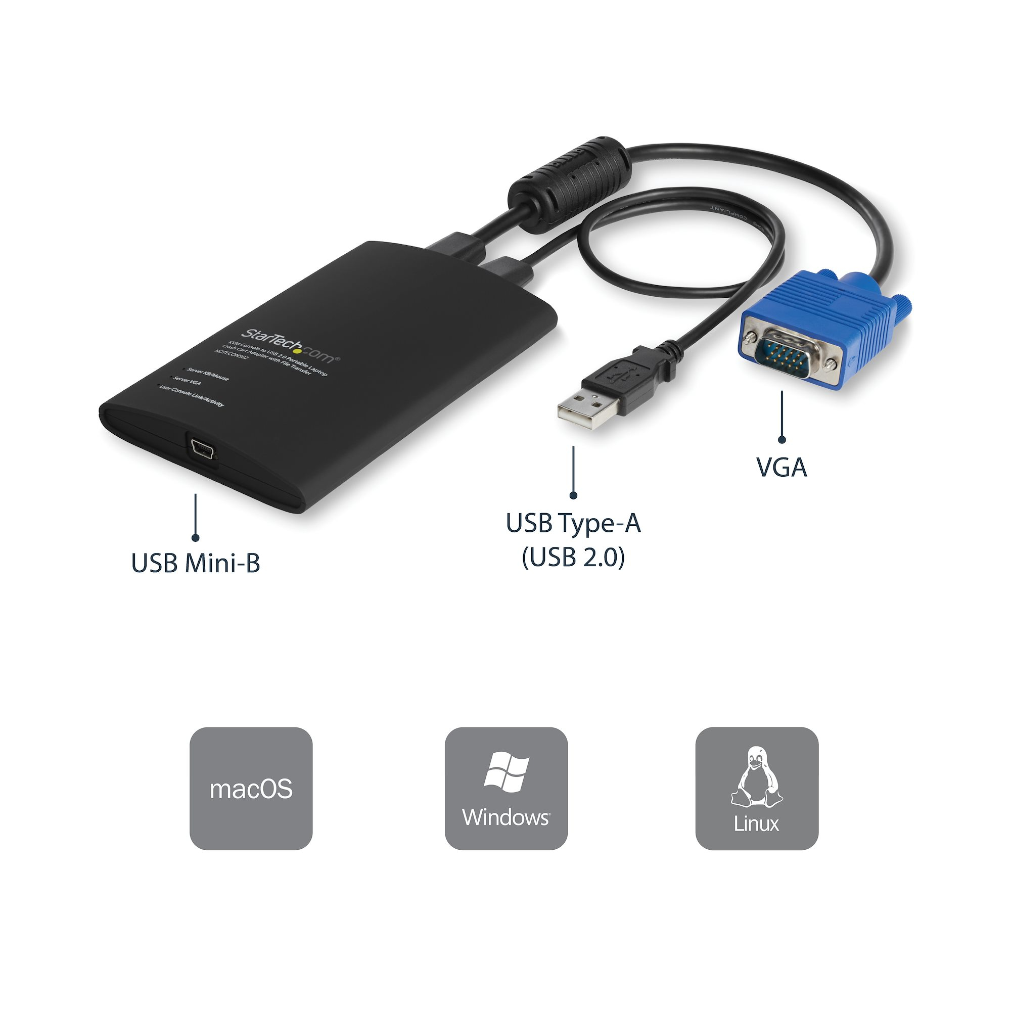 StarTech.com Adaptateur crash cart pour PC portable - Console KVM vers USB 2.0 avec transfert de fichier, acquisition vidéo - KVM Portable - Commutateur KVM - 1 x KVM port(s) - 1 utilisateur local - de bureau
