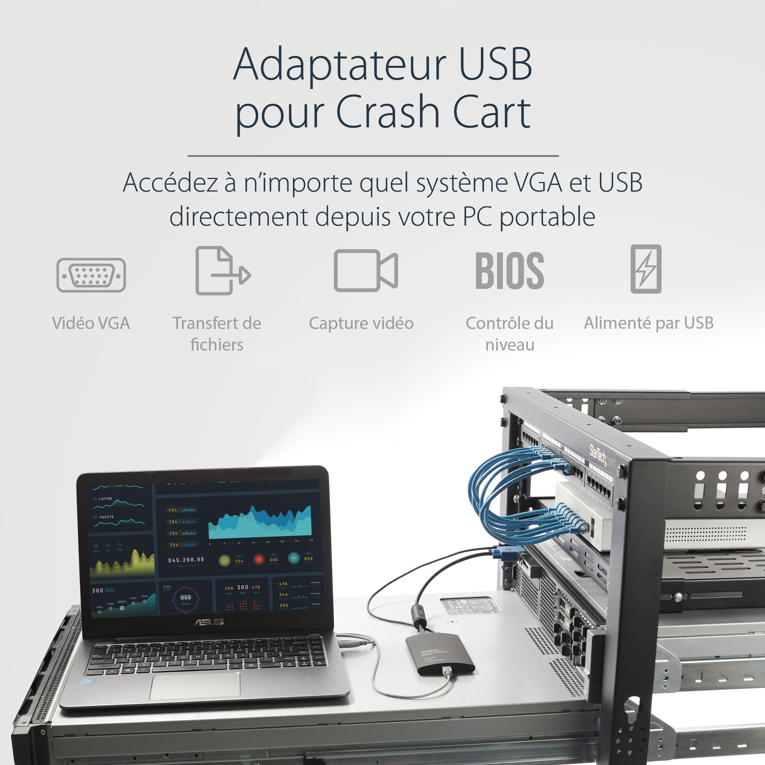 StarTech.com Adaptateur crash cart pour PC portable - Console KVM vers USB 2.0 avec transfert de fichier, acquisition vidéo - KVM Portable - Commutateur KVM - 1 x KVM port(s) - 1 utilisateur local - de bureau