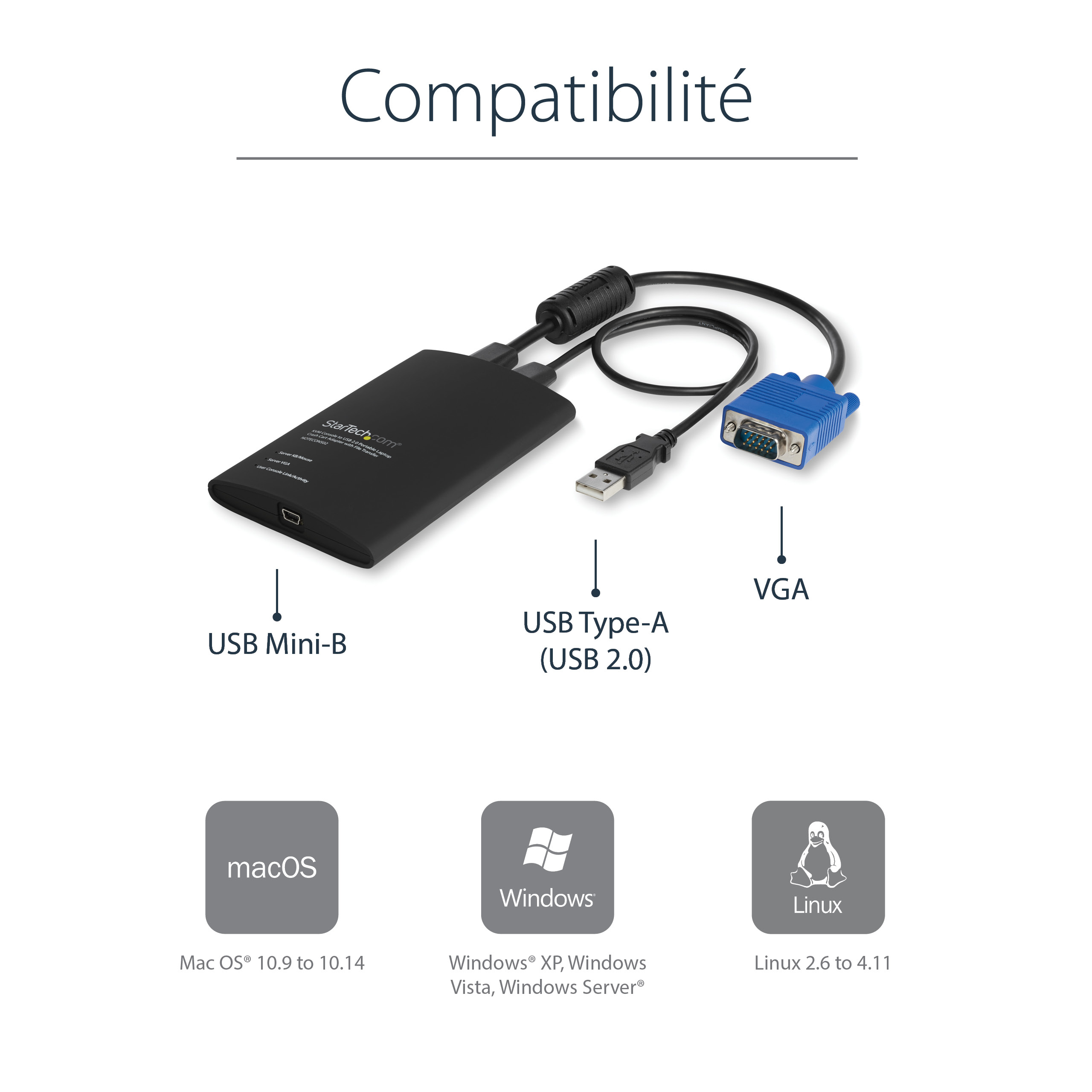 StarTech.com Adaptateur crash cart pour PC portable - Console KVM vers USB 2.0 avec transfert de fichier, acquisition vidéo - KVM Portable - Commutateur KVM - 1 x KVM port(s) - 1 utilisateur local - de bureau