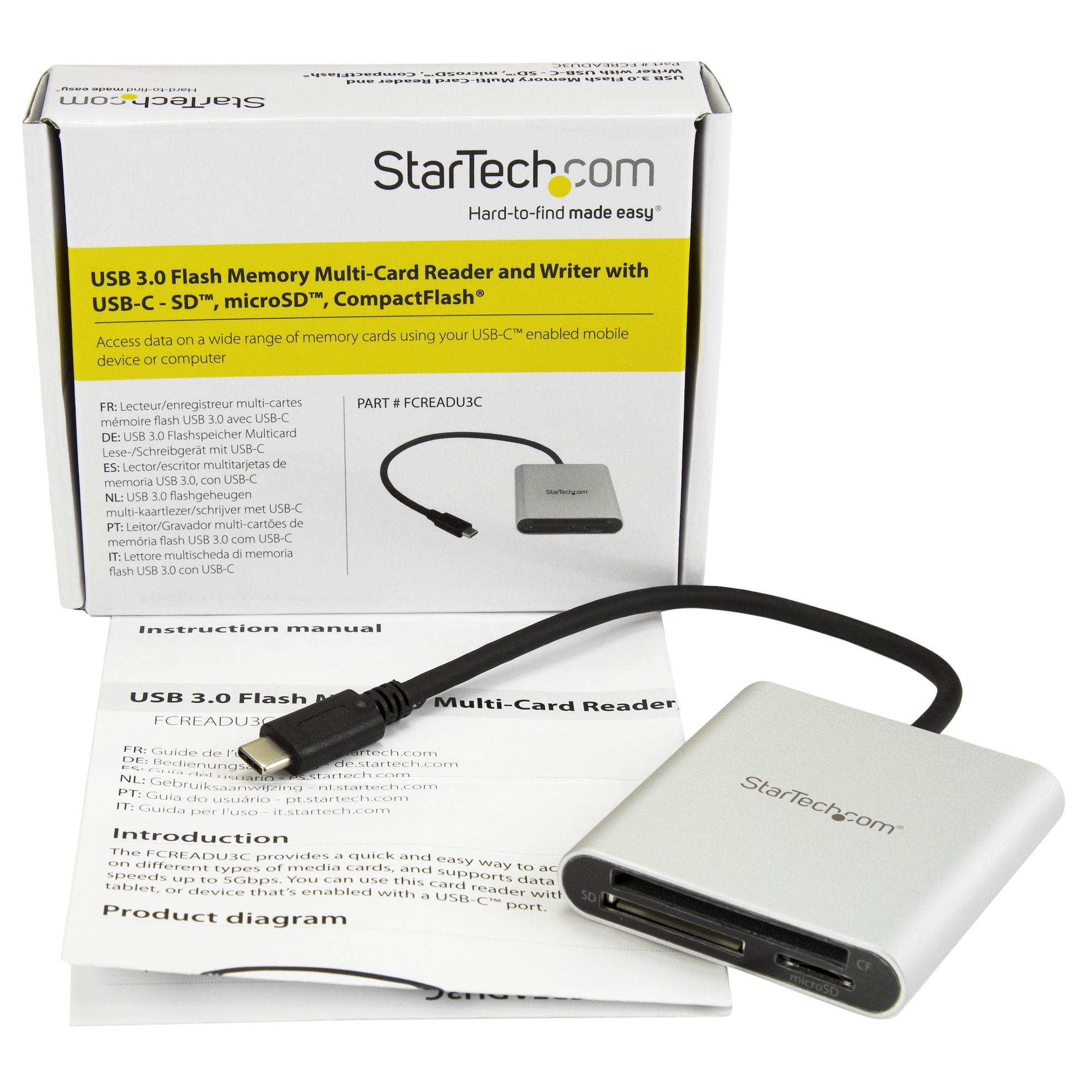 StarTech.com Lecteur et enregistreur multicartes USB 3.0 avec USB-C pour cartes mémoire SD, microSD et CompactFlash - Câble USB-C intégré - Lecteur de carte (CF I, CF II, MMC, SD, microSD, SDHC, microSDHC, SDXC, microSDXC) - USB 3.0