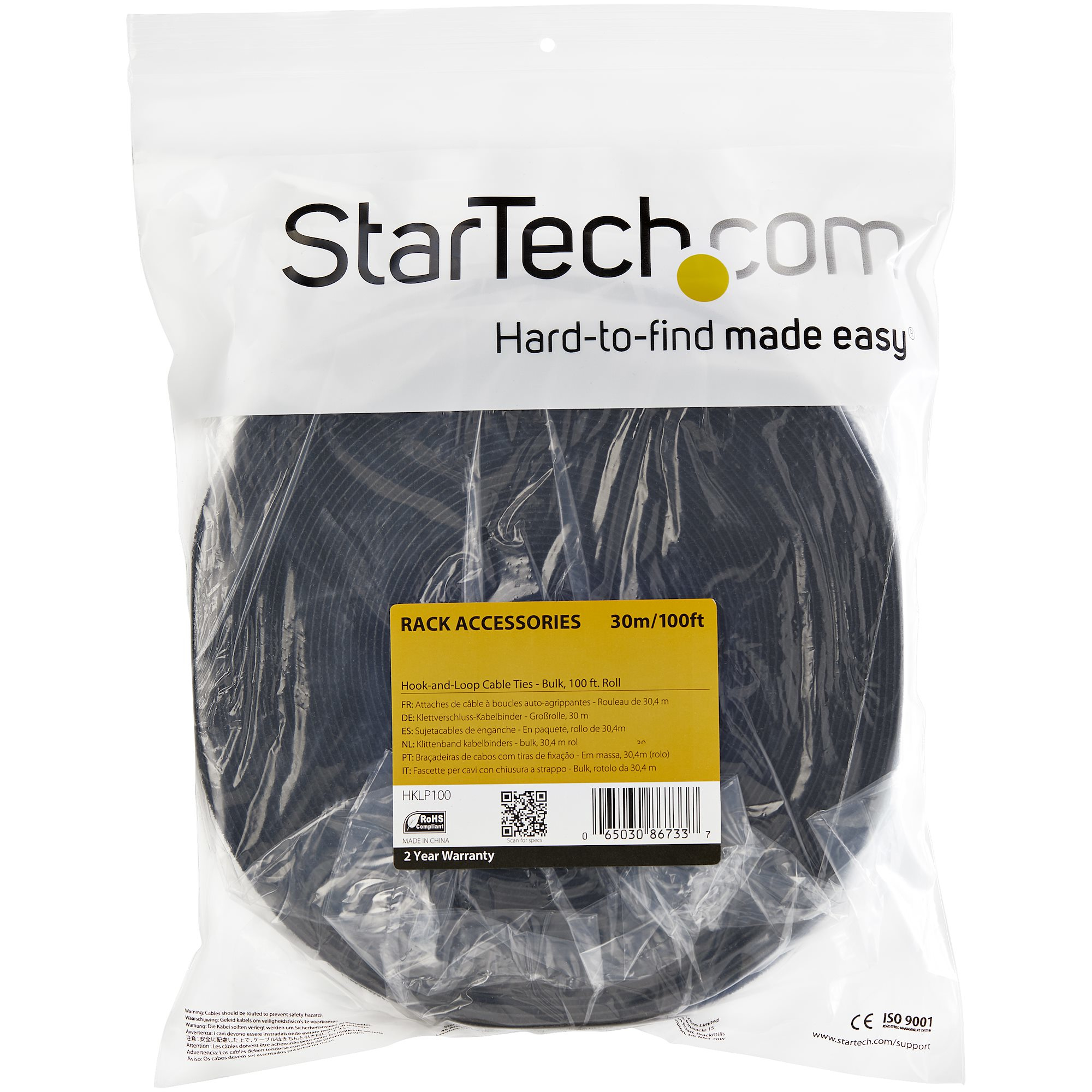 StarTech.com Attaches de câble à boucles auto-agrippantes en vrac - Rouleau de 30,4 m - Sangle pour câbles sur mesure - Noir (HKLP100) - Rouleau d'attache de câble - 30.4 m - pour P/N: CMHOOK1U, HKLP100BL, HKLP100GN, HKLP100RD, HKLP100YW