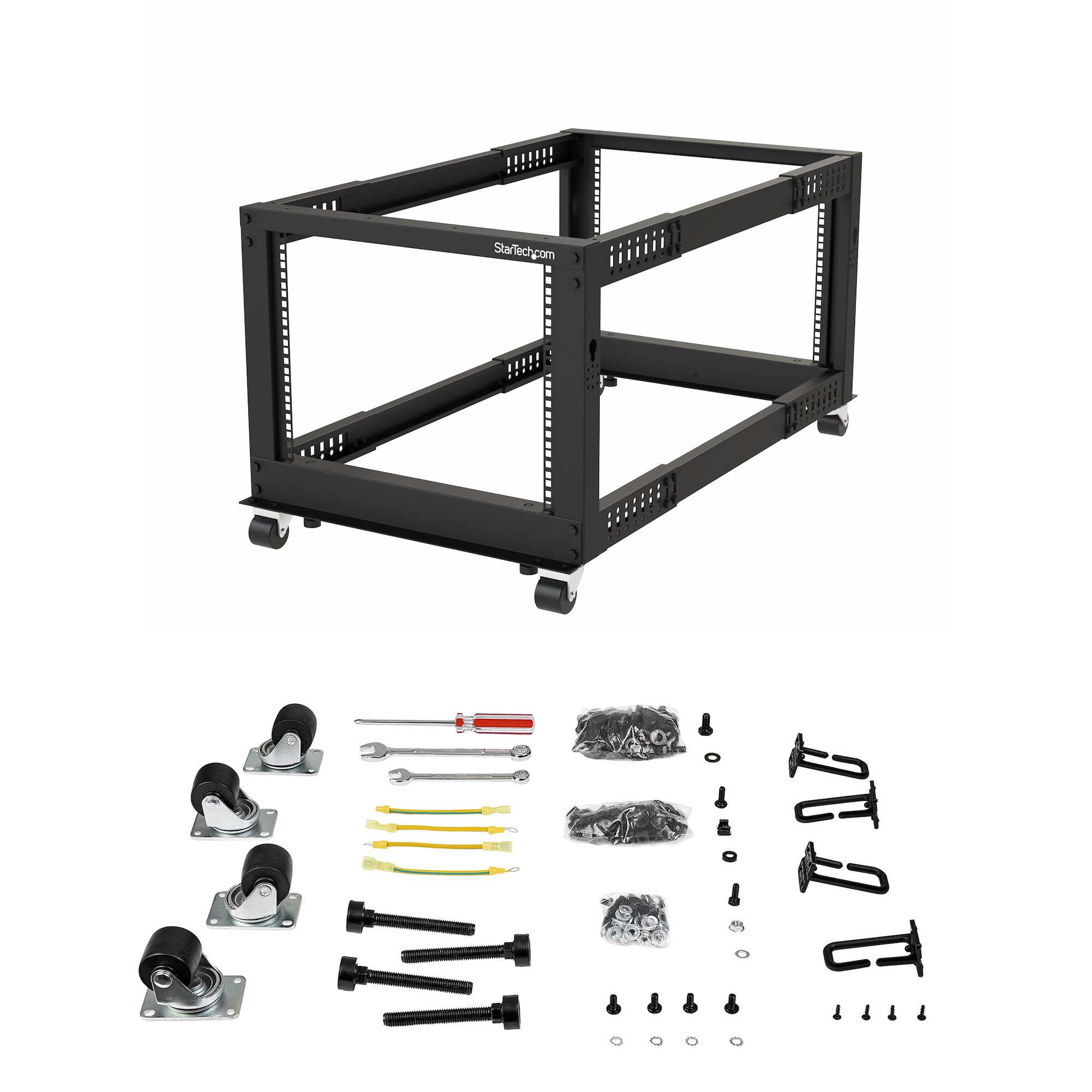 StarTech.com Rack de serveur réglable à cadre ouvert 12U 4 montants - Bâti rack avec roulettes et gestion de câbles (4POSTRACK12U) - Rack cadre ouvert - noir - 12U - pour P/N: CABSCREWM5B, CABSCREWSM5, CABSCREWSM5B, CABSCREWSM62, CABSCREWSM6B, CABSCRWS122
