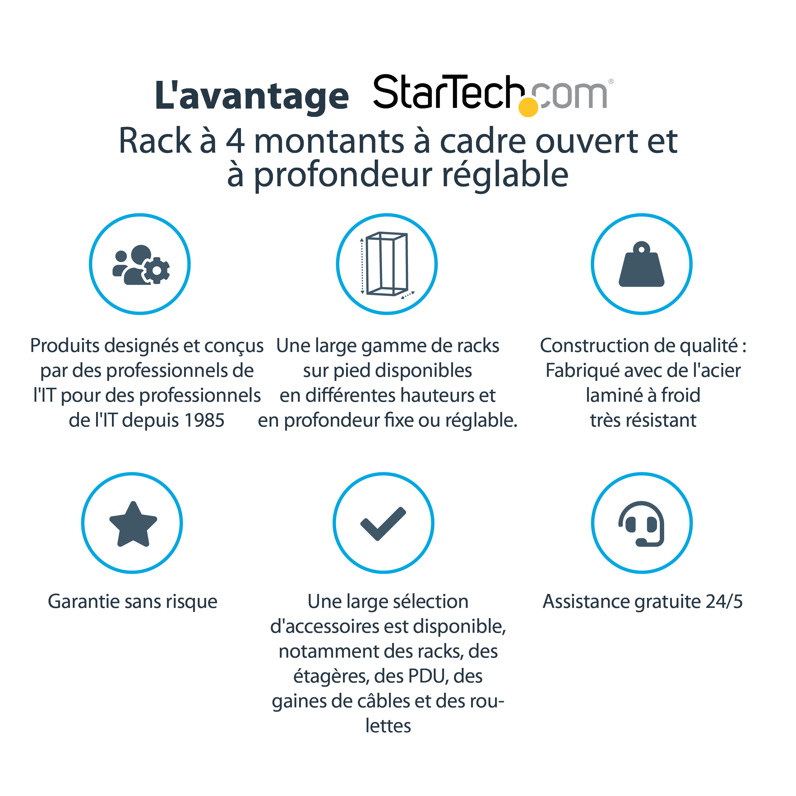 StarTech.com Rack de serveur réglable à cadre ouvert 12U 4 montants - Bâti rack avec roulettes et gestion de câbles (4POSTRACK12U) - Rack cadre ouvert - noir - 12U - pour P/N: CABSCREWM5B, CABSCREWSM5, CABSCREWSM5B, CABSCREWSM62, CABSCREWSM6B, CABSCRWS122