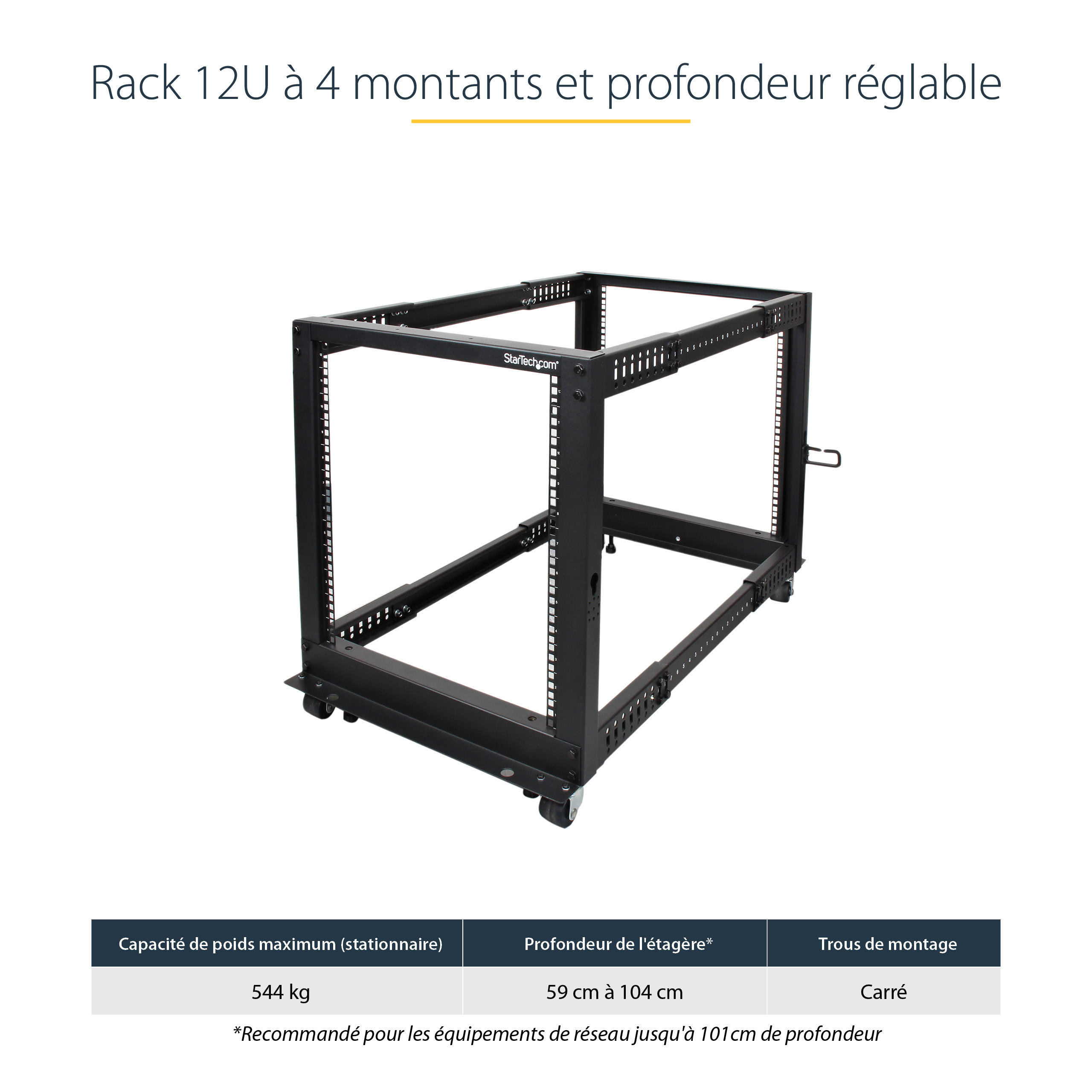 StarTech.com Rack de serveur réglable à cadre ouvert 12U 4 montants - Bâti rack avec roulettes et gestion de câbles (4POSTRACK12U) - Rack cadre ouvert - noir - 12U - pour P/N: CABSCREWM5B, CABSCREWSM5, CABSCREWSM5B, CABSCREWSM62, CABSCREWSM6B, CABSCRWS122